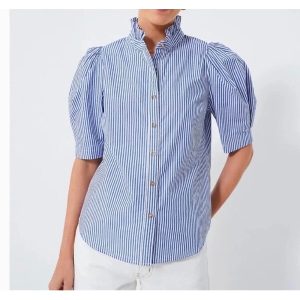 Pomander Place Blue White Striped Ruffle Puff Button Down Shirt S coastal preppy